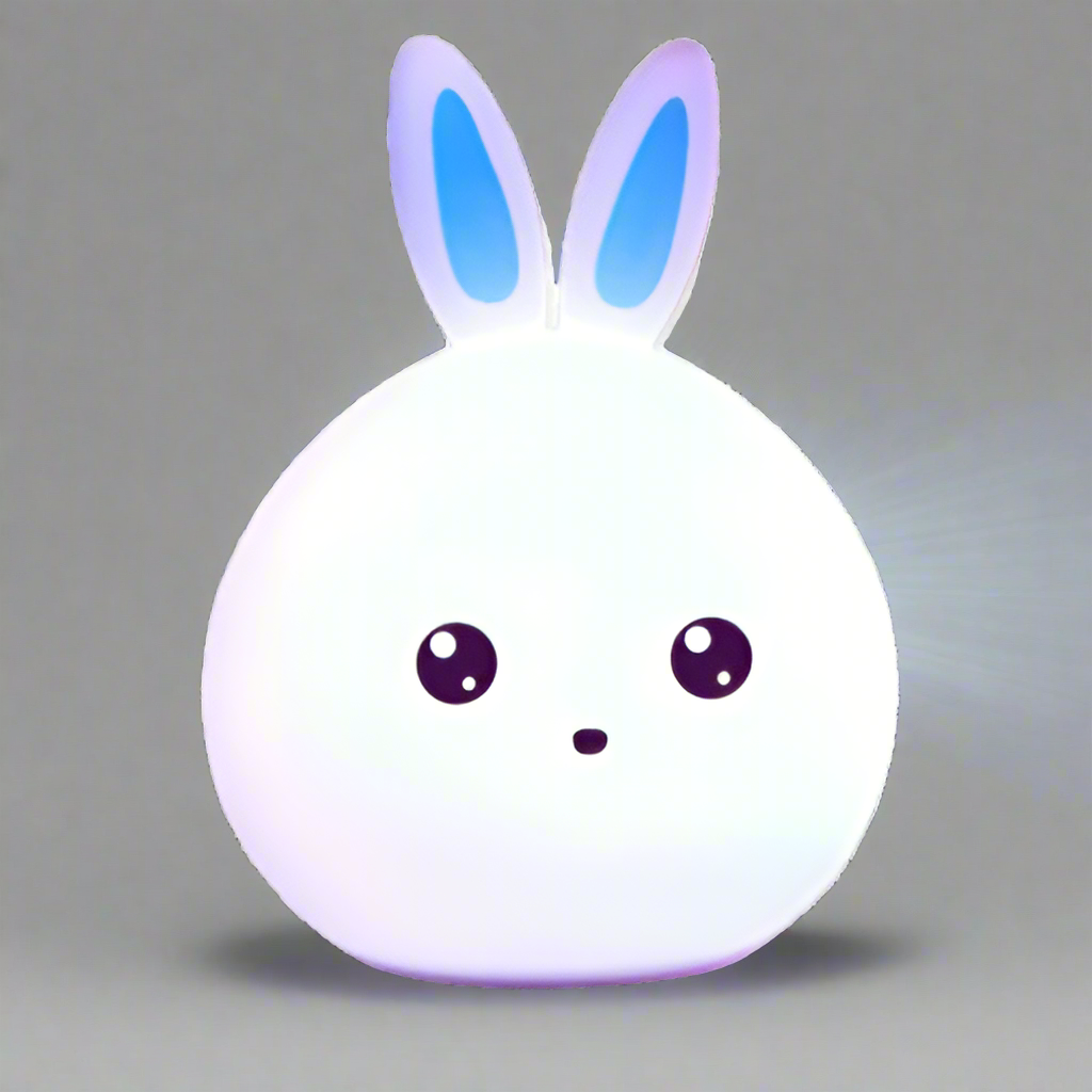 Round silicone night light shaped like a cute rabbit's face, featuring long pink ears and playful facial features with large brown eyes and a small, smiling mouth. Ideal for children's rooms as a touch-activated, color-changing LED lamp.